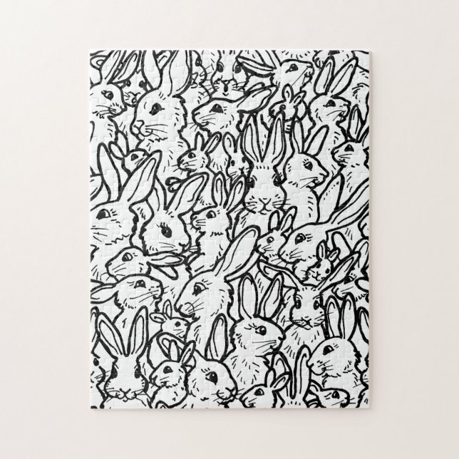 Bunny Rabbit Black & White Drawings Cute Fun Hard Jigsaw Puzzle (Vertical)