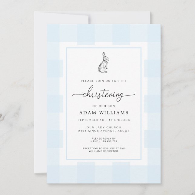 Bunny Rabbit bleu En vichy Christening Invitation (Devant)