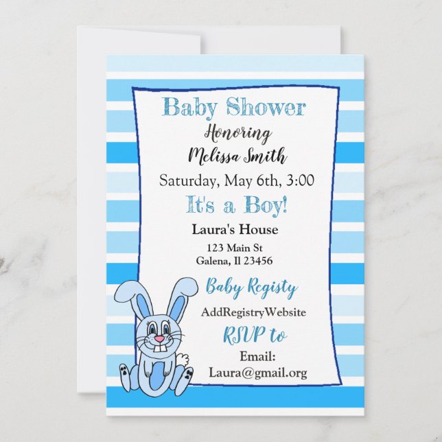 Bunny Rabbit Blue  Boy Baby Shower Invitations (Front)