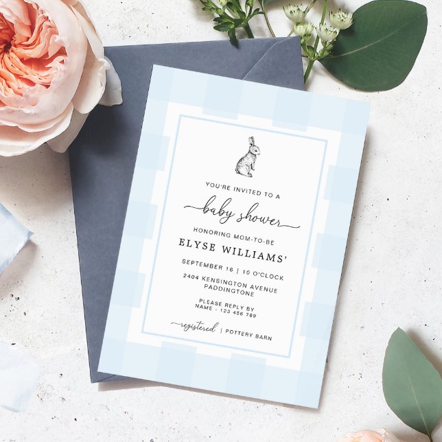 Bunny Rabbit Blue En vichy Baby shower Invitation (Baby Shower Invitation Blue Gingham Check Bunny Rabbit)