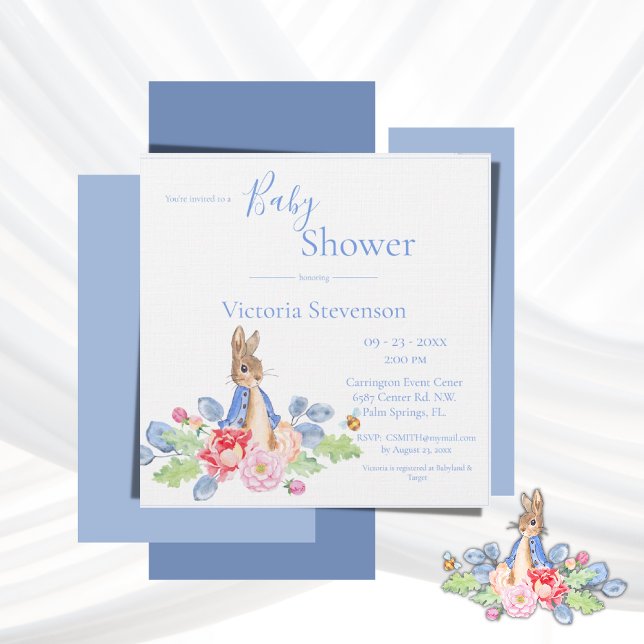 Bunny Rabbit Blue Floral Baby Shower Invitation (Creator Uploaded)