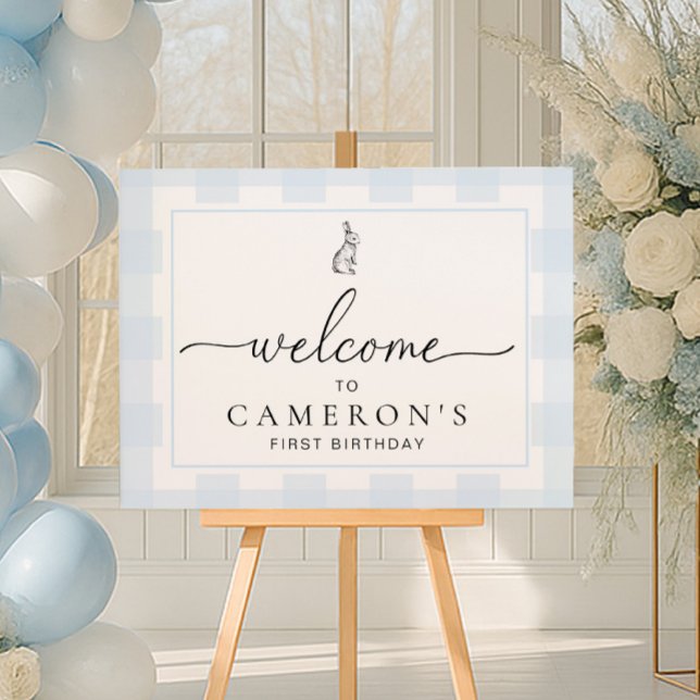 Bunny Rabbit Blue Gingham Birthday Welcome Sign (Creator Uploaded)