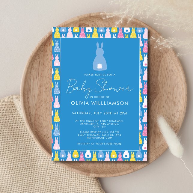 Bunny Rabbit Boy Baby Shower Invitation (Modern Bunny Blue Baby Shower Blue Invitation. Boy Baby Shower Invitation)