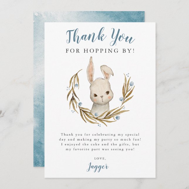 Bunny Rabbit Boy Birthday Party Thank You Card (Front/Back)