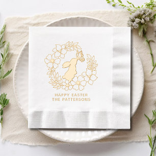 Bunny Rabbit Butterfly Floral Wreath Happy Easter Foil Napkins
