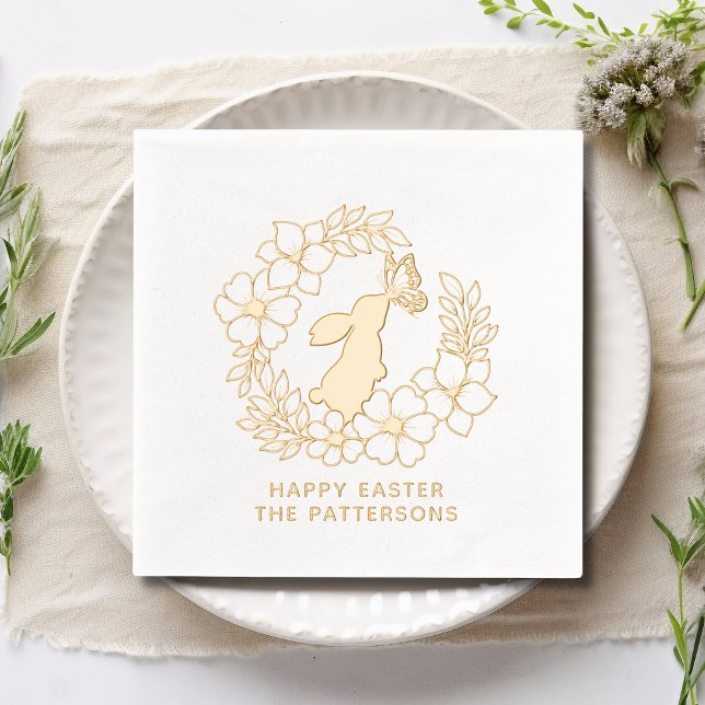 Bunny Rabbit Butterfly Floral Wreath Happy Easter Foil Napkins (Creator Uploaded)
