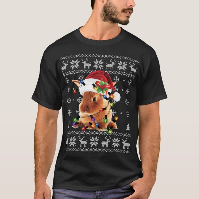 Bunny Rabbit Christmas Light Dog Santa Hat Ugly Sw T-Shirt (Front)