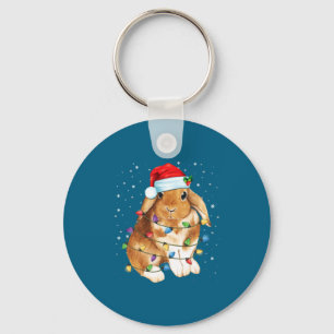 Bunny Rabbit Christmas Lights Santa Hat Funny Xmas Keychain