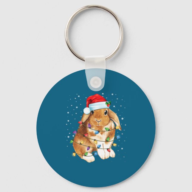 Bunny Rabbit Christmas Lights Santa Hat Funny Xmas Keychain (Front)