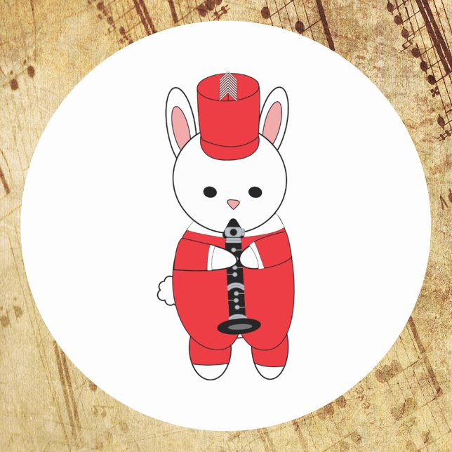 Bunny Rabbit Clarinet Marching Band Red White Classic Round Sticker (A sticker with a marching band rabbit playing the clarinet in a red and white uniform.)