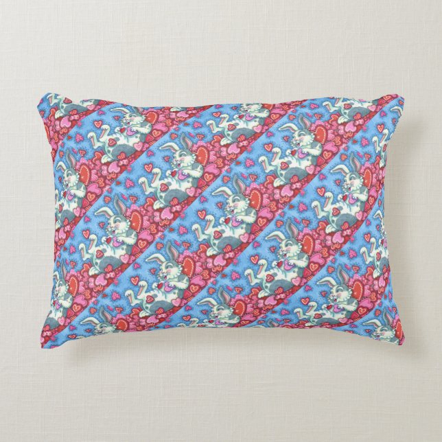 BUNNY RABBIT & COLORFUL HEARTS RAINING VALENTINES ACCENT PILLOW (Front)