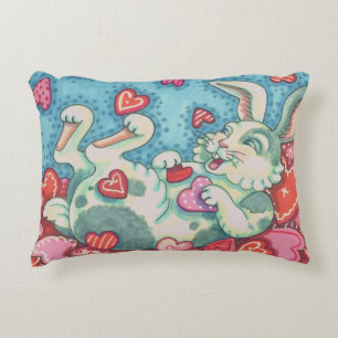 BUNNY RABBIT & COLORFUL HEARTS RAINING VALENTINES ACCENT PILLOW