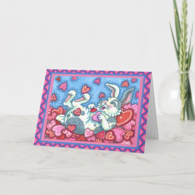 BUNNY RABBIT & COLORFUL HEARTS RAINING VALENTINES HOLIDAY CARD (Front)