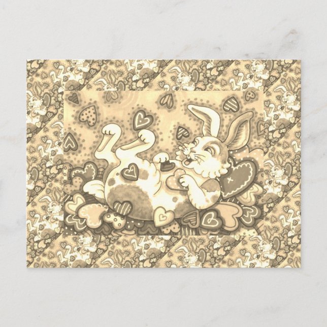 BUNNY RABBIT & COLORFUL HEARTS RAINING VALENTINES HOLIDAY POSTCARD (Front)