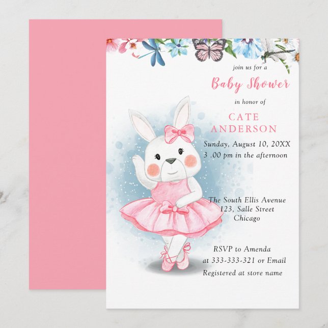 Bunny Rabbit Dancing Ballerina Baby Shower Invitation (Front/Back)