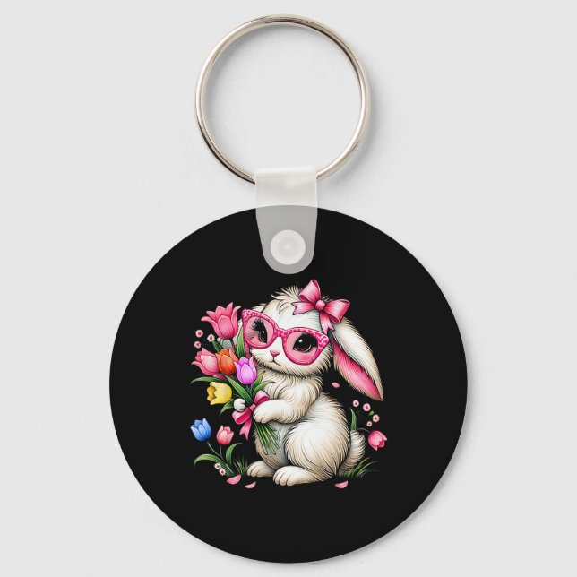 Bunny Rabbit Easter Tulip Spring Flowers Floral Wo Keychain (Front)