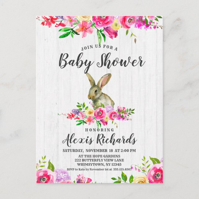 Bunny Rabbit Floral Baby Girl Shower Invitation (Front)