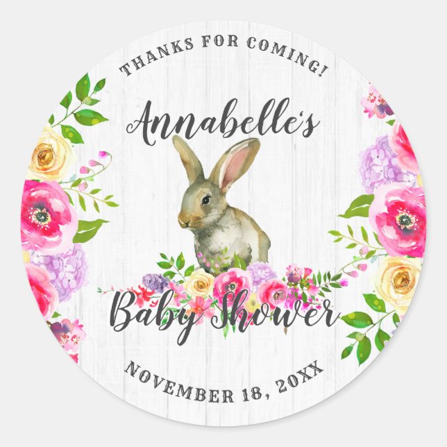 Bunny Rabbit Floral Baby Girl Shower Thank You Classic Round Sticker (Front)
