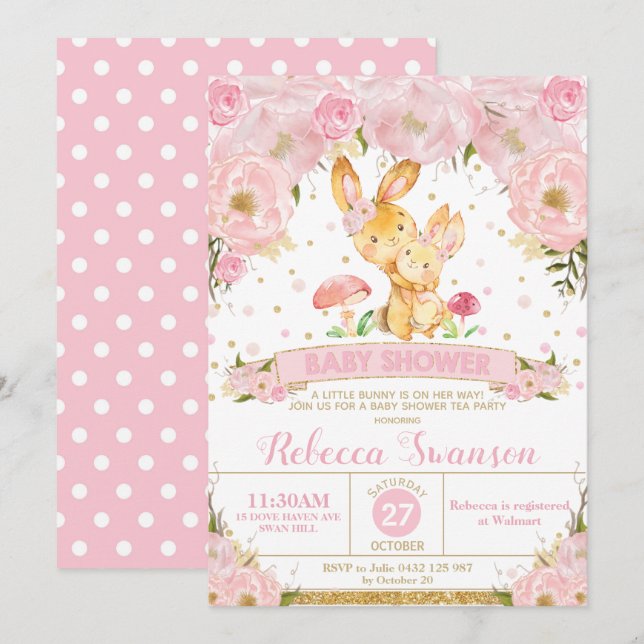 Bunny Rabbit Floral Baby Shower Invitation Girl (Front/Back)