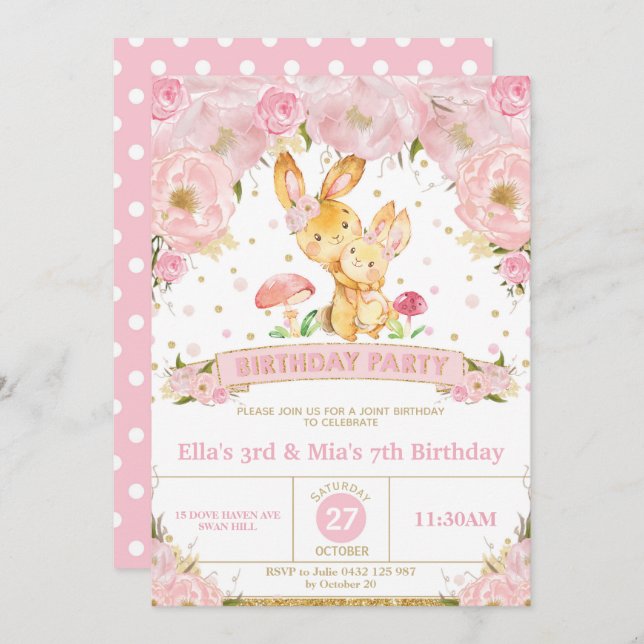 Bunny Rabbit Floral Joint Birthday Party Sisters Invitation (Front/Back)