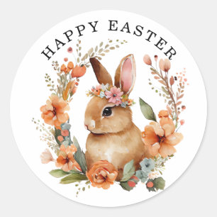 Bunny Rabbit Floral Wreath Easter Classic Round Sticker