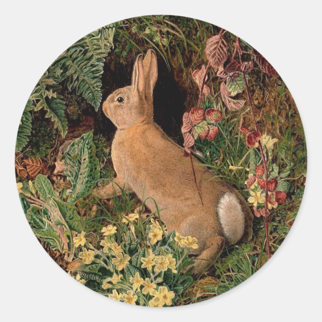 Bunny rabbit flowers ferns vintage woodland spring classic round sticker (Front)