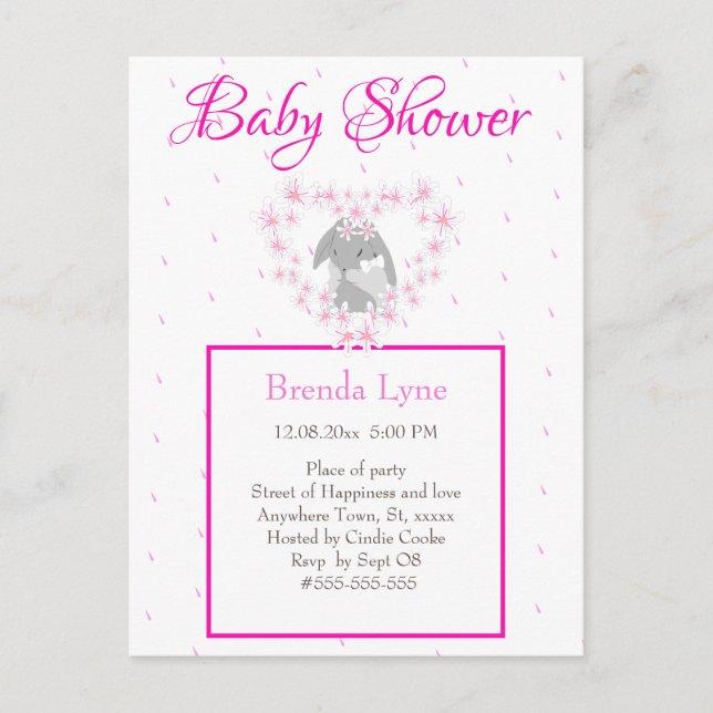 Bunny Rabbit Girl Pink Baby Shower invitation Post Postcard (Front)