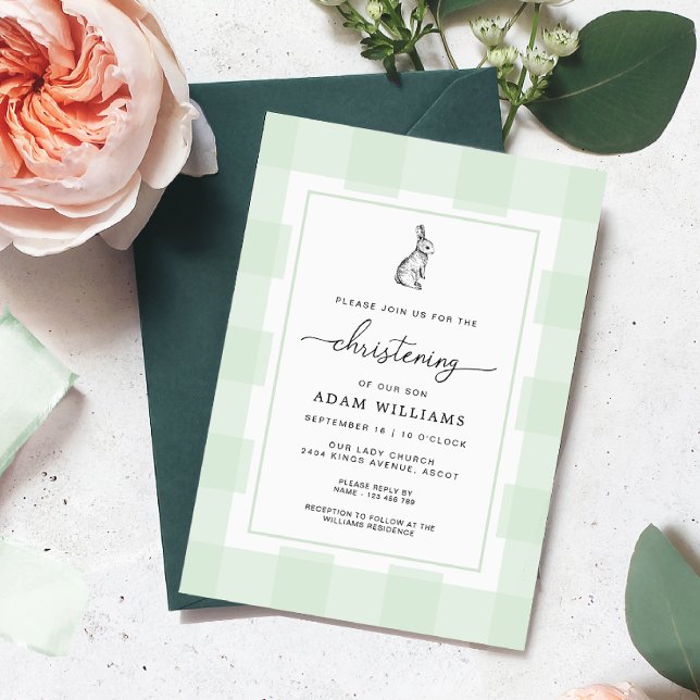 Bunny Rabbit Green Gingham Christening Invitation (Creator Uploaded)