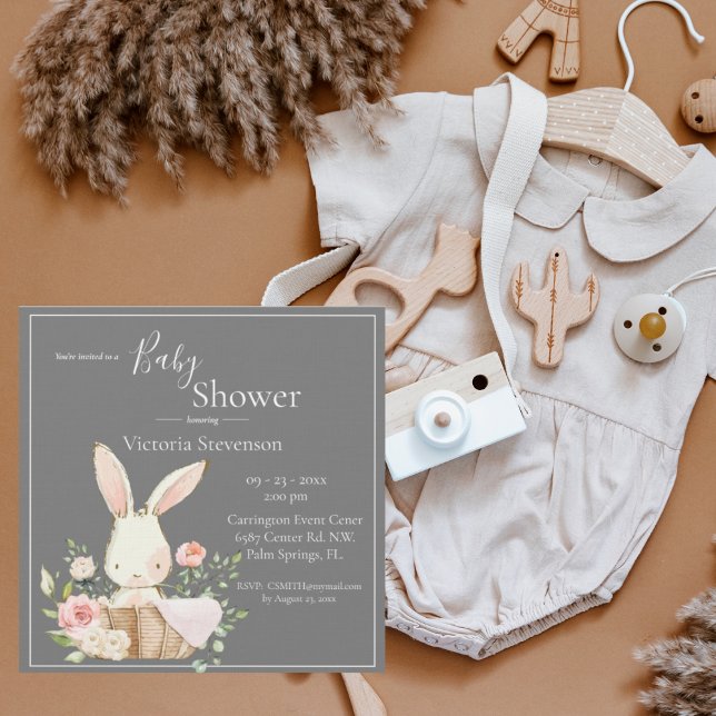 Bunny Rabbit Grey Baby Shower Invitation (Creator Uploaded)