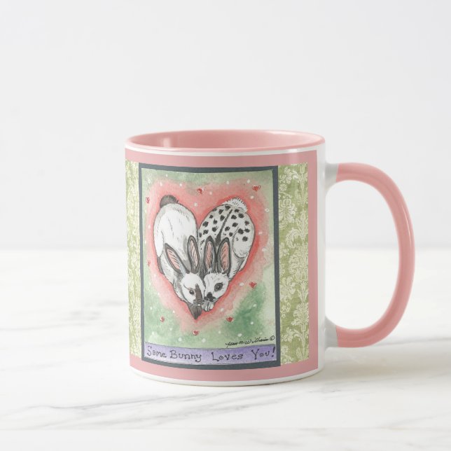 Bunny Rabbit Heart Pink Green Scroll Designer Mug (Right)