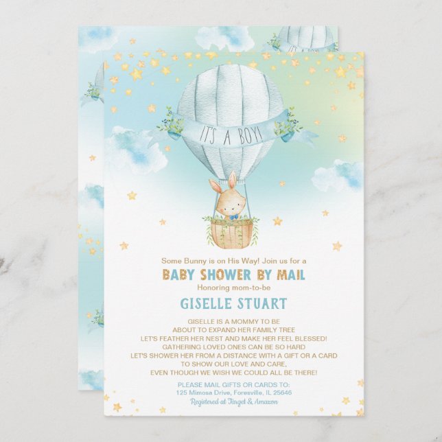 Bunny Rabbit Hot Air Balloon Baby Shower by Mail Invitation (Front/Back)
