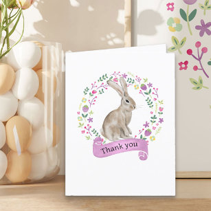 Bunny Rabbit in Doodle Flower Wreath Cute Thank You Card