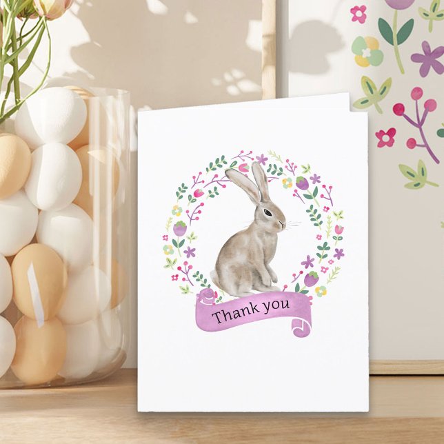 Bunny Rabbit in Doodle Flower Wreath Cute Thank You Card (Easter Rabbit Thank You Card from my Little Bunny & Little Lamb Baby Shower collection)