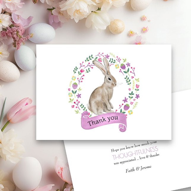 Bunny Rabbit in Doodle Flower Wreath Thank You Card (Spring or Easter Thank you card from my Little Bunny & Little Lamb Baby Shower collection)