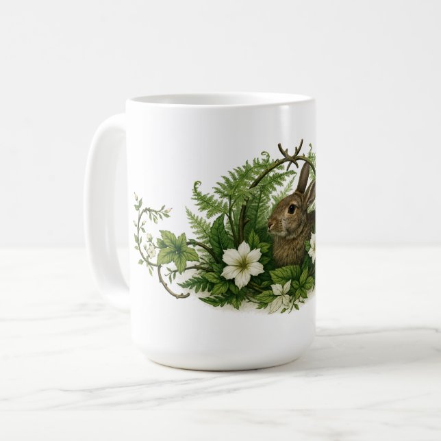 Bunny Rabbit In Floral Foliage Coffee Mug (Front Left)