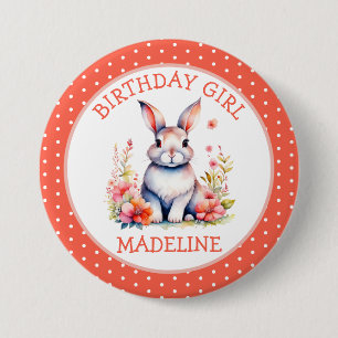 Bunny Rabbit in Flowers Happy Birthday Personalize 3 Inch Round Button