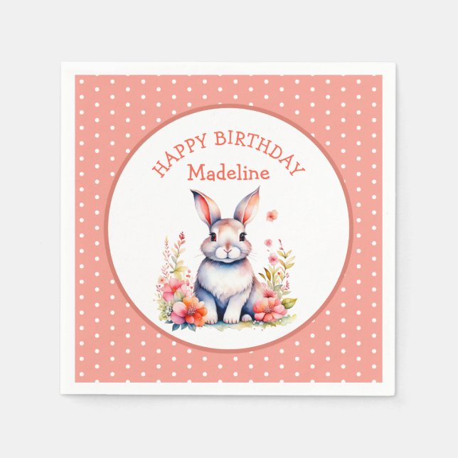 Bunny Rabbit in Flowers Happy Birthday Personalize Napkin (Front)