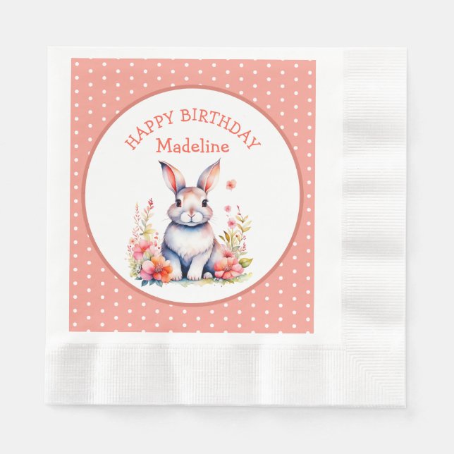Bunny Rabbit in Flowers Happy Birthday Personalize Napkin (Front)