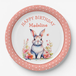 Bunny Rabbit in Flowers Happy Birthday Personalize Paper Plate
