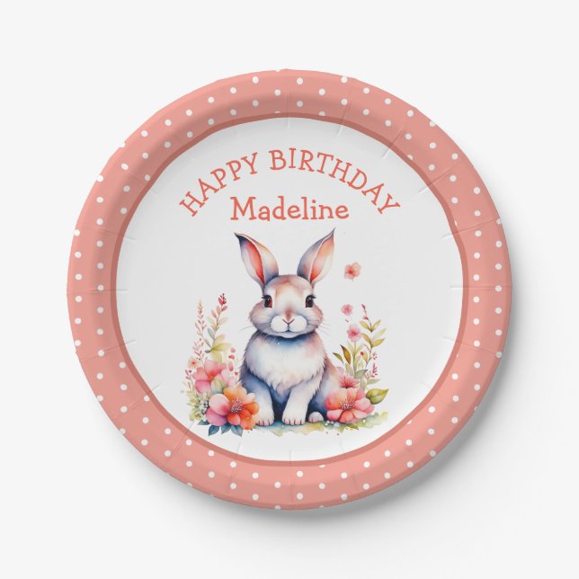 Bunny Rabbit in Flowers Happy Birthday Personalize Paper Plate (Front)