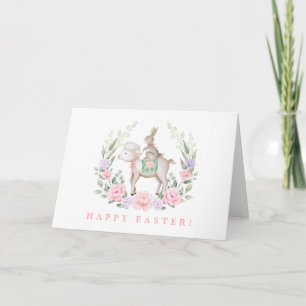 Bunny Rabbit & Lamb Pink Purple Floral Easter Card