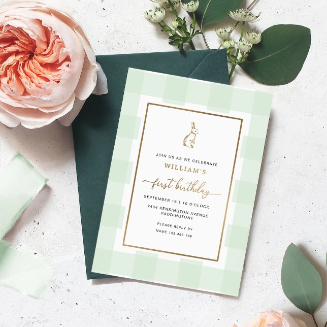 Bunny Rabbit Mint Gingham Birthday Foil Invitation (Creator Uploaded)