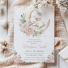 Bunny Rabbit Moon Pink Blush Floral Baby Shower