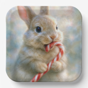Bunny Rabbit Nibbling On a Candy Cane Paper Plate