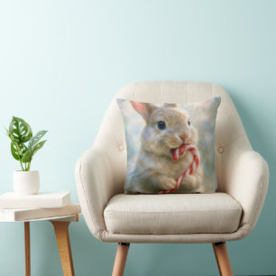 Bunny Rabbit Nibbling On a Candy Cane Throw Pillow
