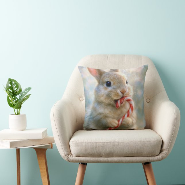 Bunny Rabbit Nibbling On a Candy Cane Throw Pillow (Chair)