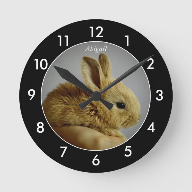Bunny Rabbit Personalized Black Border Round Clock (Front)