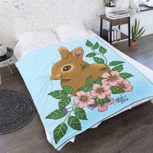 Bunny Rabbit Pink Flowers Fleece Blanket
