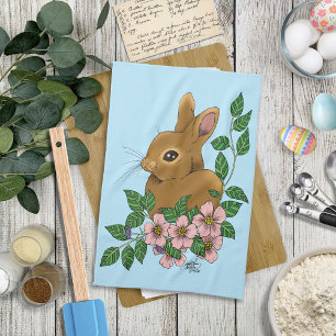 Bunny Rabbit Pink flowers Kitchen Towel