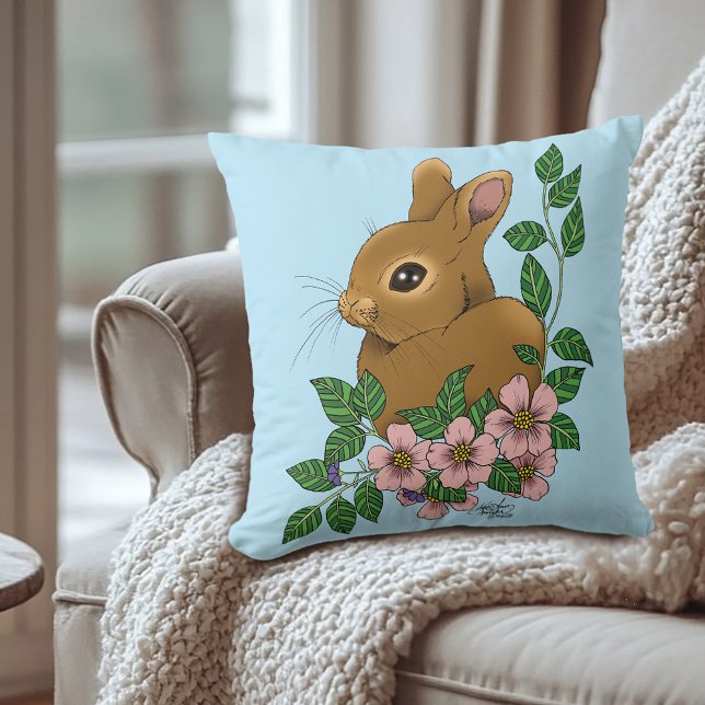 Bunny Rabbit Pink Flowers Throw Pillow (Creator Uploaded)